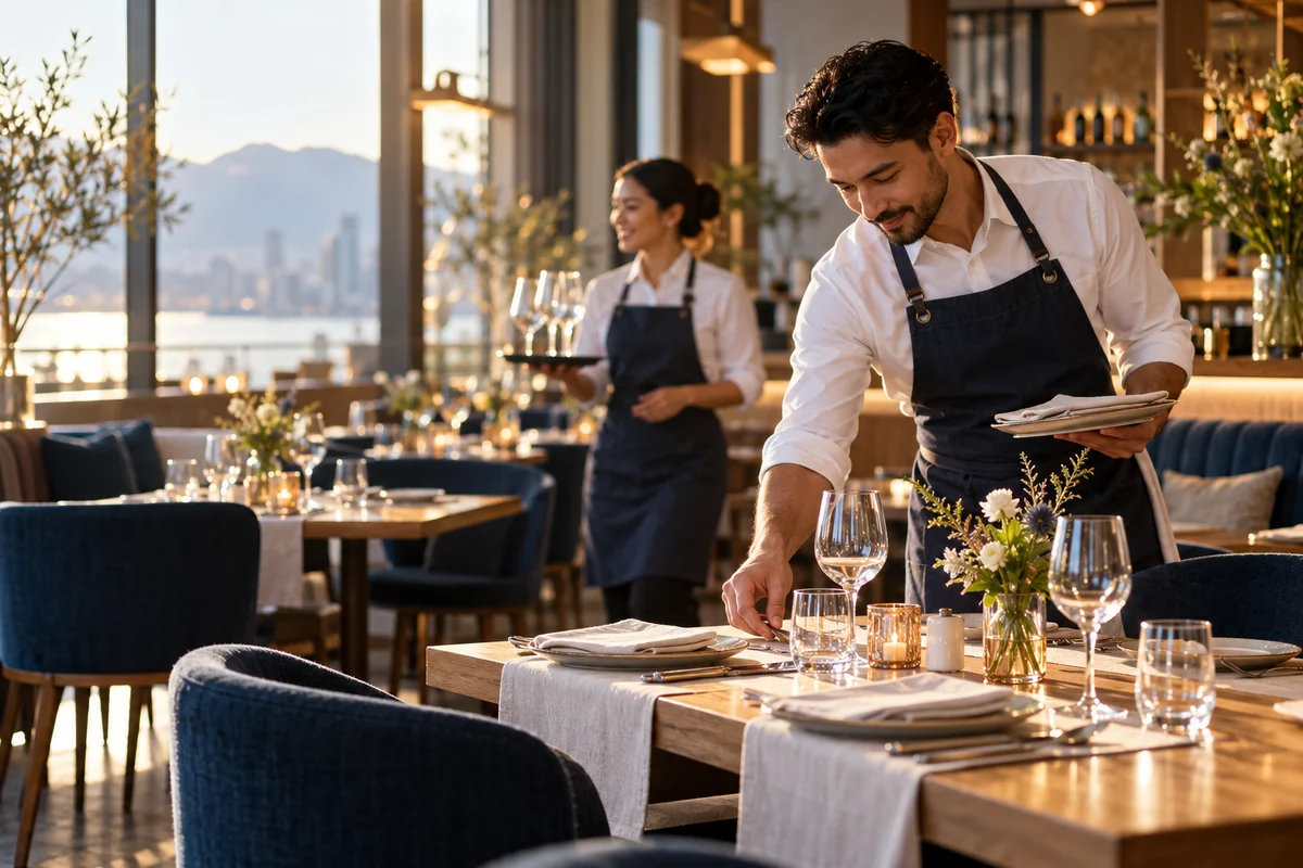 Illustrative waiter preparing a welcoming restaurant dining room